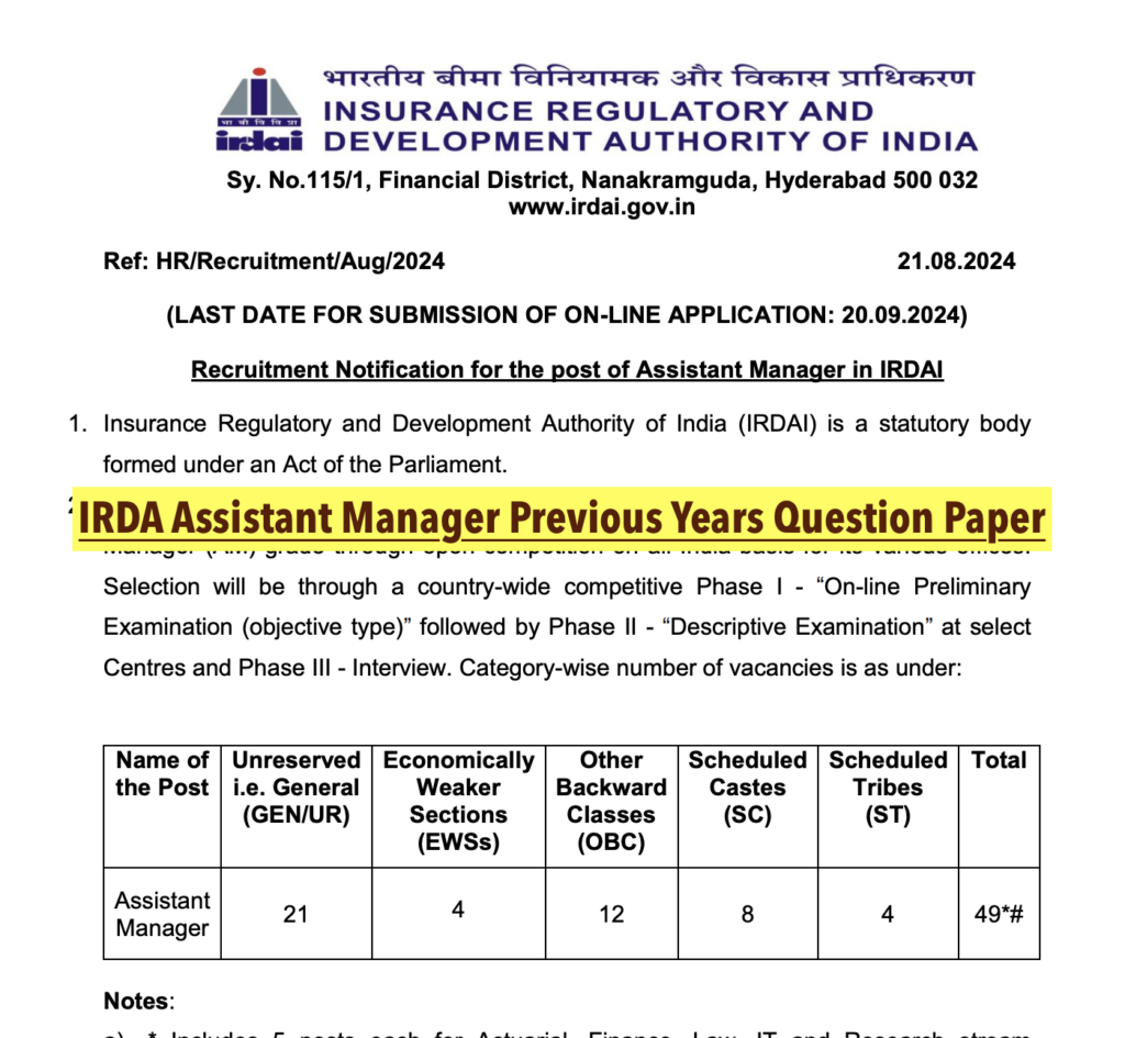 IRDA Assistant Manager Previous Years Question Paper